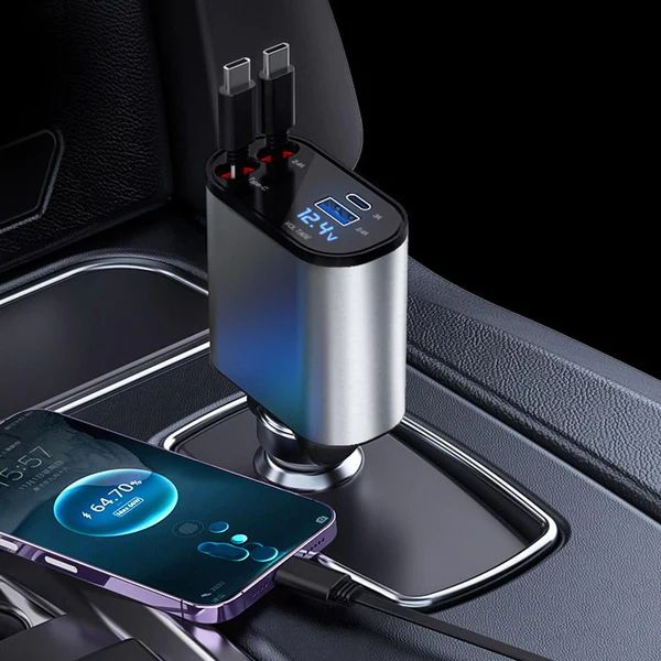 4-in-1 Fast Car Charger with Retractable Cables || شاحن سيارة 4 في 1 سريع مع كابلات قابلة للسحب