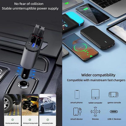 4-in-1 Fast Car Charger with Retractable Cables || شاحن سيارة 4 في 1 سريع مع كابلات قابلة للسحب
