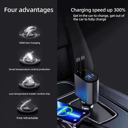 4-in-1 Fast Car Charger with Retractable Cables || شاحن سيارة 4 في 1 سريع مع كابلات قابلة للسحب